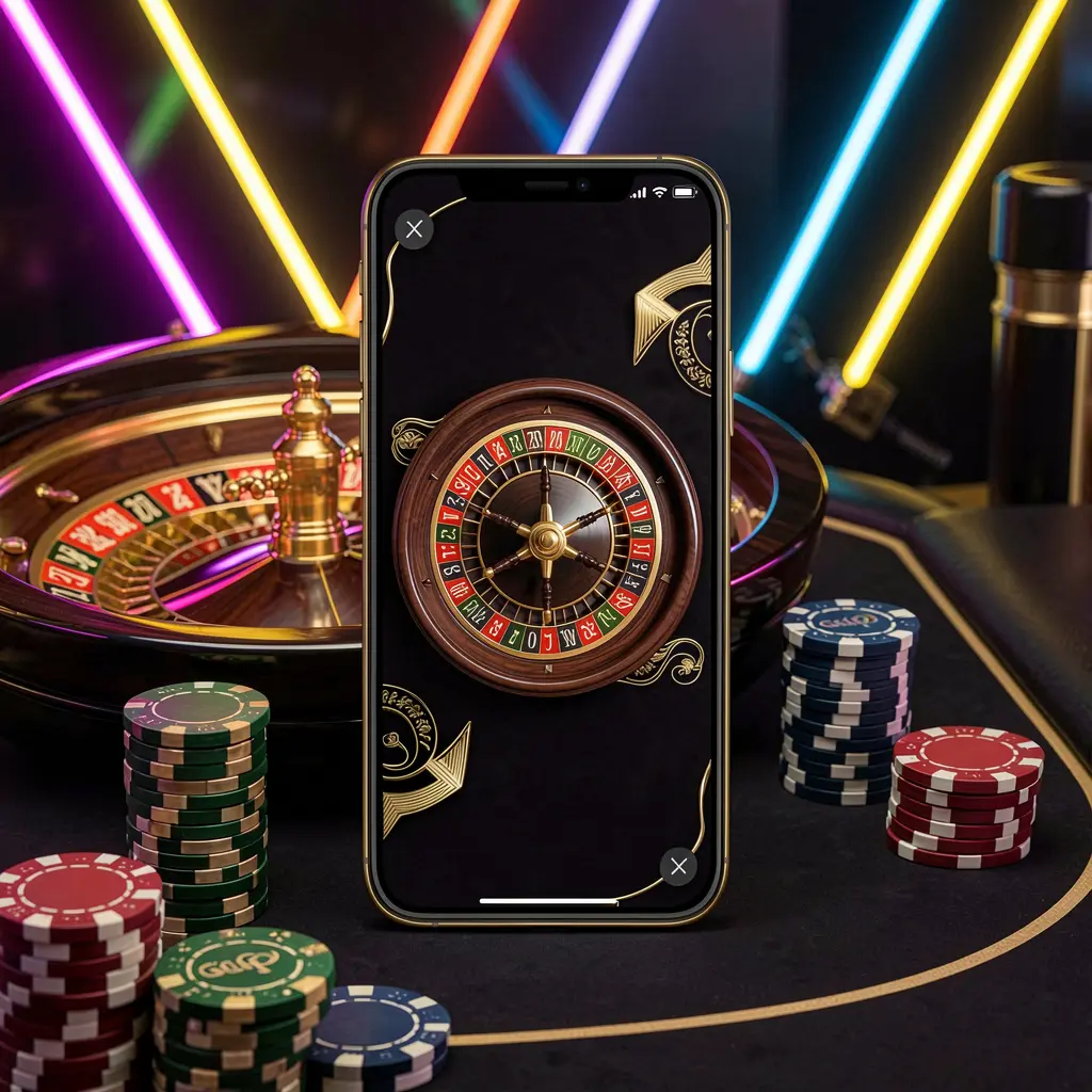 JYJLLL mobile casino app scene featuring a phone in the center with a roulette wheel and poker chips in the background, illuminated by glowing neon lights in a premium black and gold style