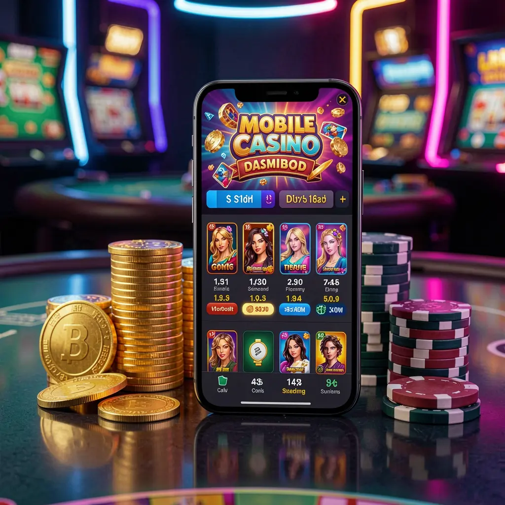 JYJLLL mobile casino dashboard on smartphone displaying colorful gaming interface with golden coins and poker chips on glossy table under elegant neon lighting