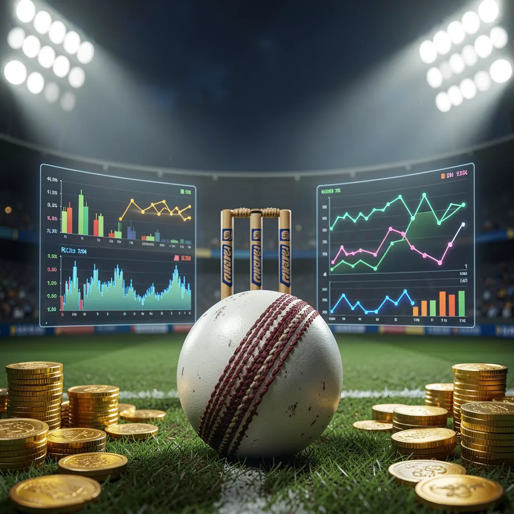 JYJLLL cricket betting page background featuring a dramatic stadium with floodlights, a cricket ball in the foreground, wickets behind, and golden coins alongside glowing data charts JYJLLL cricket betting page background featuring a dramatic stadium with floodlights, a cricket ball in the foreground, wickets behind, and golden coins alongside glowing data charts