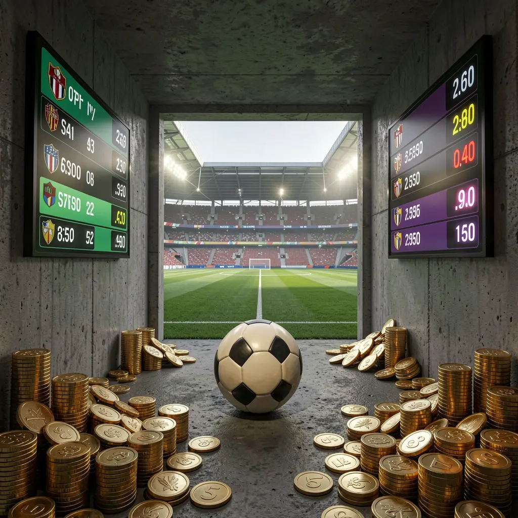 JYJLLL football betting platform scene showing a dramatic stadium tunnel opening to a bright soccer field with a soccer ball in the foreground, digital odds graphics, and gold coins in a realistic cinematic render JYJLLL football betting platform scene showing a dramatic stadium tunnel opening to a bright soccer field with a soccer ball in the foreground, digital odds graphics, and gold coins in a realistic cinematic render
