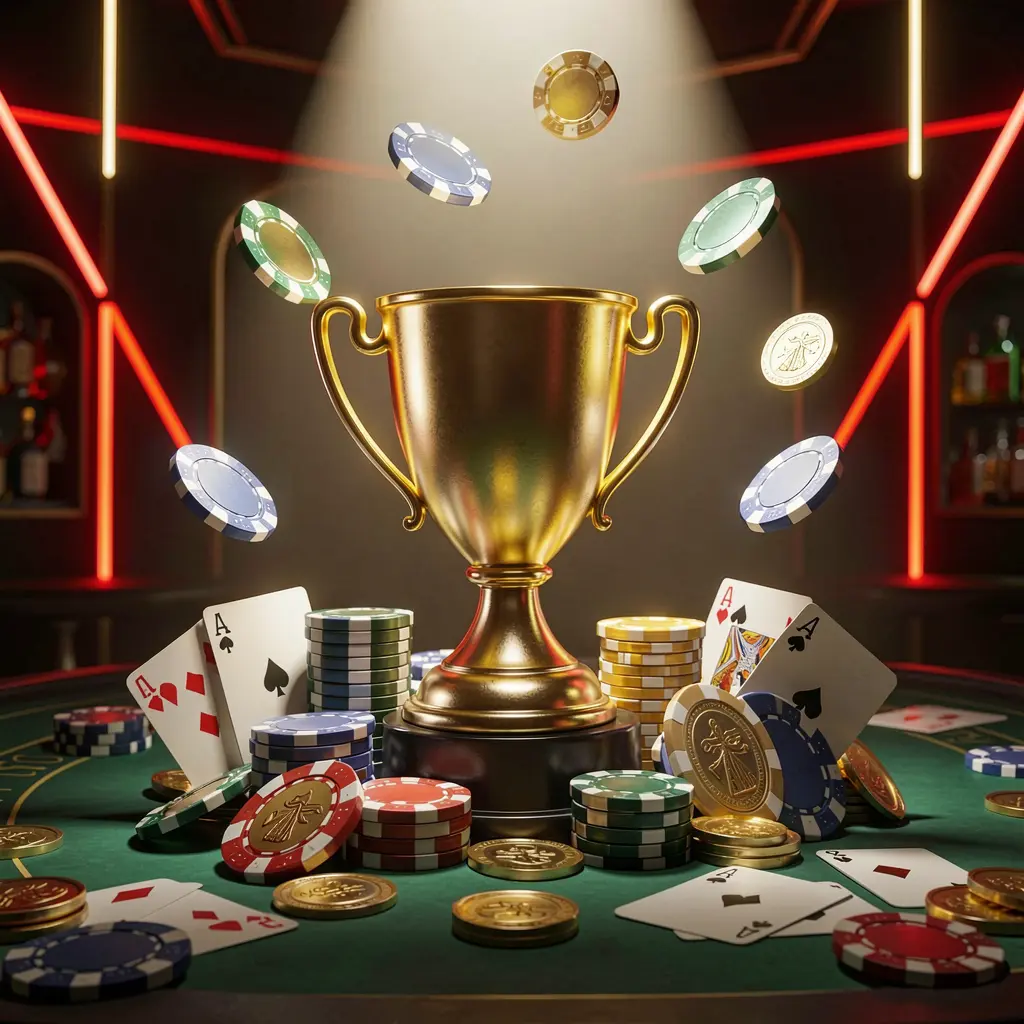 JYJLLL casino tournament bonus concept featuring a golden trophy surrounded by poker chips, playing cards, and coins under a bright spotlight in a competitive luxury casino atmosphere with dark background and red and gold neon accents JYJLLL casino tournament bonus concept featuring a golden trophy surrounded by poker chips, playing cards, and coins under a bright spotlight in a competitive luxury casino atmosphere with dark background and red and gold neon accents