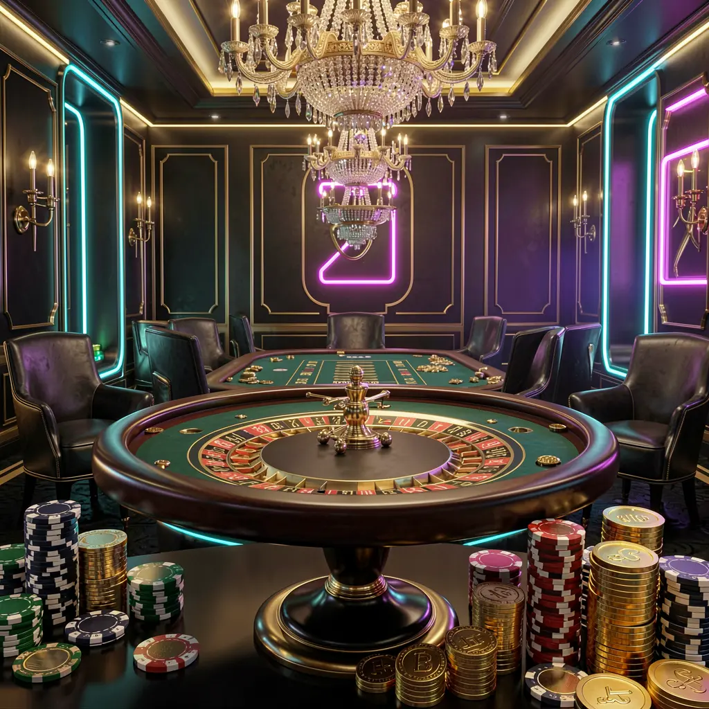 Luxury casino hall with roulette table, poker chips, and golden coins in a premium black and gold atmosphere, glowing neon lights highlighting the JYJLLL online casino