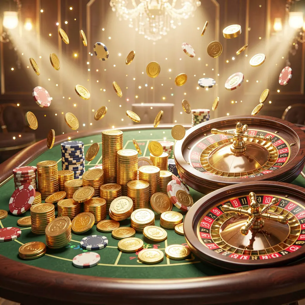 JYJLLL casino jackpot scene featuring golden coins, colorful poker chips, and a roulette wheel illuminated by bright glowing lights in a luxury celebration atmosphere