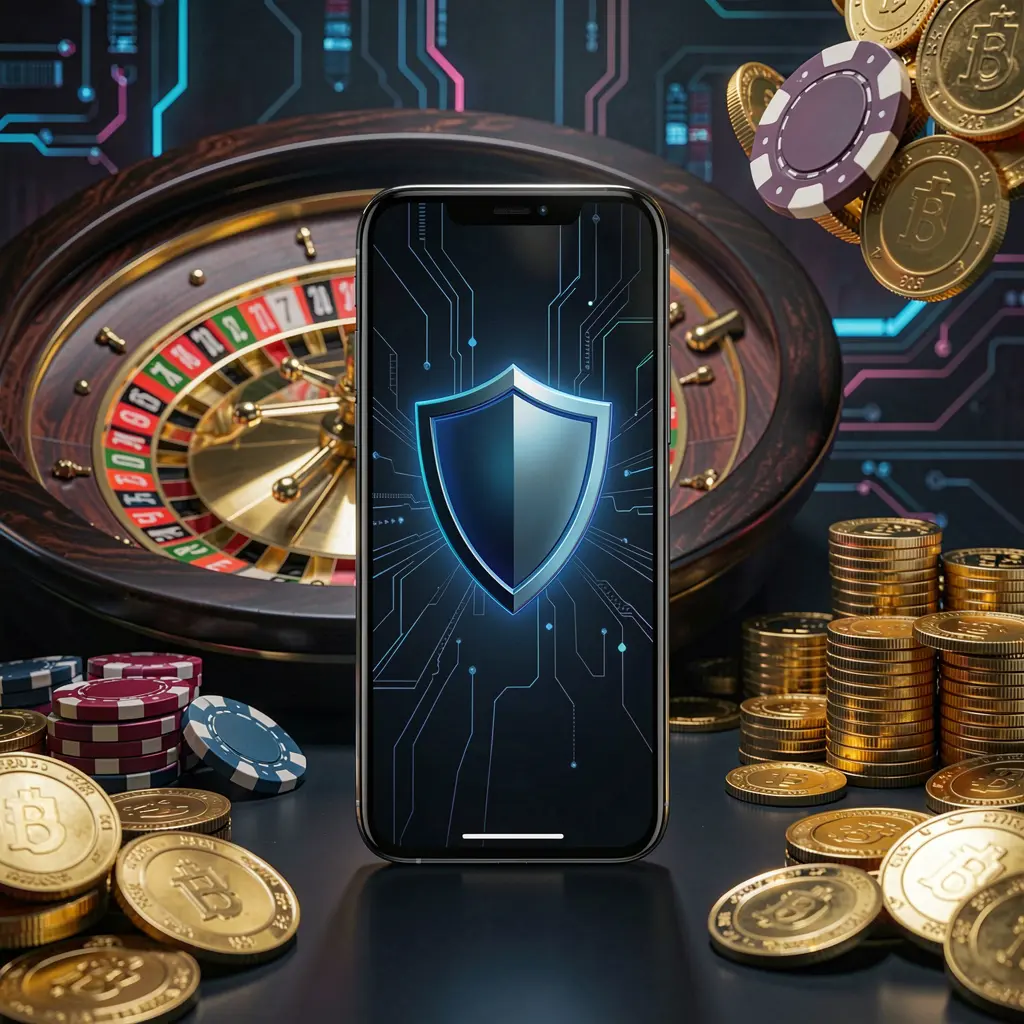 JYJLLL secure mobile casino access with phone screen showing shield icon, roulette wheel, poker chips, and golden coins in a dark cyber luxury atmosphere JYJLLL secure mobile casino access with phone screen showing shield icon, roulette wheel, poker chips, and golden coins in a dark cyber luxury atmosphere