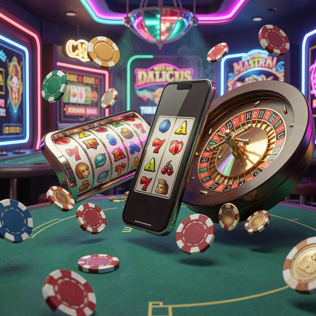 JYJLLL casino entertainment homepage concept featuring a modern mobile phone surrounded by slot symbols, roulette wheel, chips, and coins floating against a neon casino background in a premium 3D render JYJLLL casino entertainment homepage concept featuring a modern mobile phone surrounded by slot symbols, roulette wheel, chips, and coins floating against a neon casino background in a premium 3D render